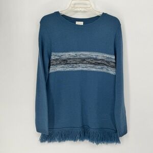 Style Studio Blue Striped Fringe Sweater Women's Size Medium Acrylic Cozy Warm